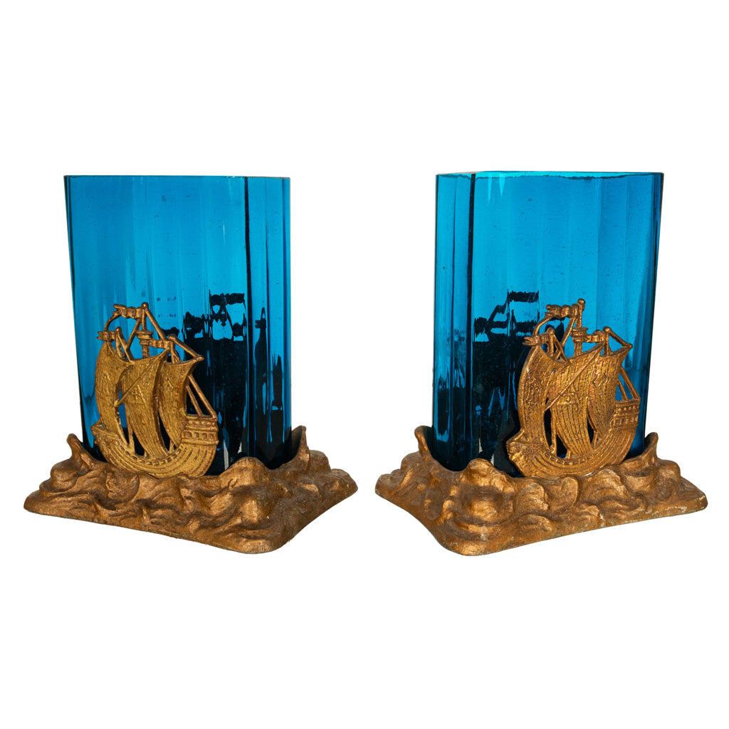 Antique American Art Deco Brass Glass Vases Ship Bookends Bradley & Hubbard 1925