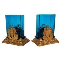 Antique American Art Deco Brass Glass Vases Ship Bookends Bradley & Hubbard 1925