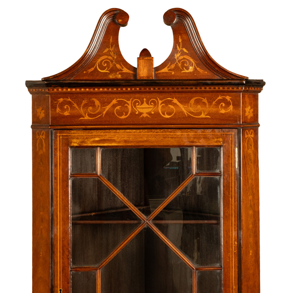 Antique Edwardian Regency Revival Inlaid Marquetry Mahogany Corner Cabinet 1890