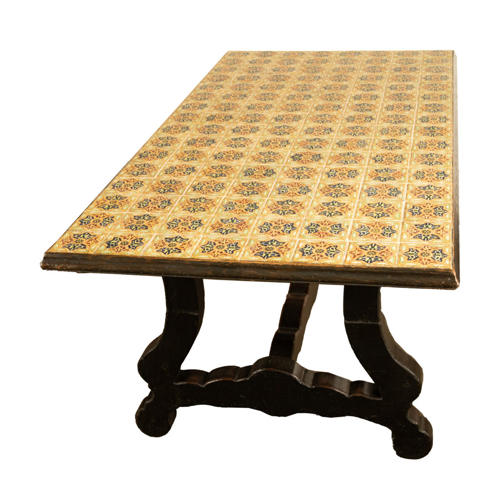 Antique Spanish Colonial Hacienda Walnut Talavera Tile Top Table Six Chairs 1890