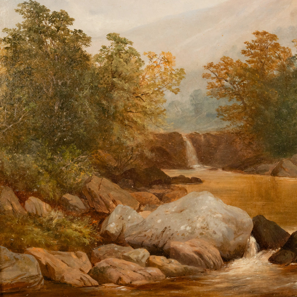 Large Antique English 19thC Oil Painting River Lyn Landscape Barnstaple Devon by Albert Lane, 1860