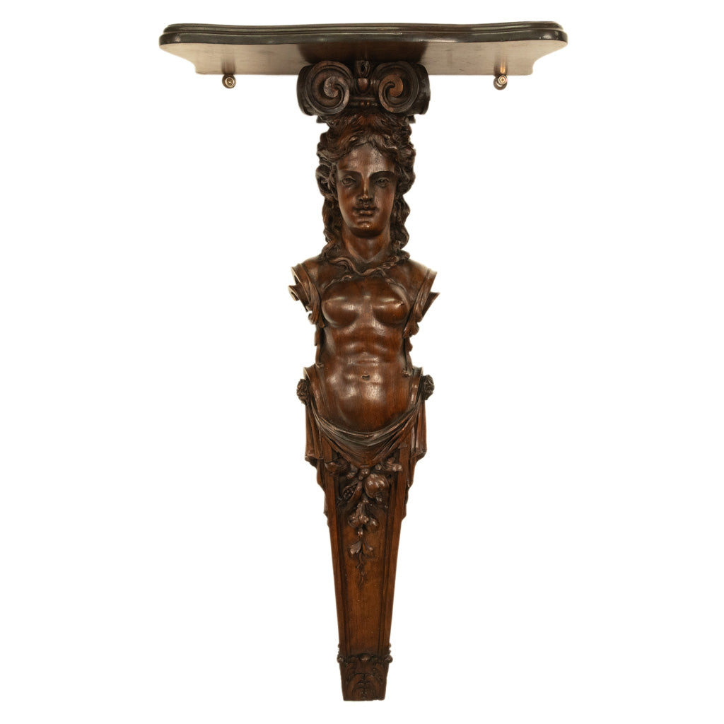 Antique 19thC Italian Carved Walnut Renaissance Revival Pair Caryatid Brackets, Circa 1850