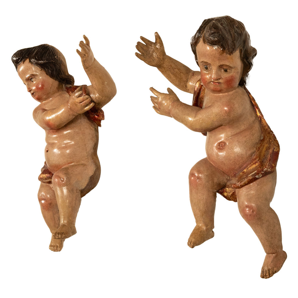 Pair Antique 18thC Italian Baroque Carved Polychrome Putti Angels Statues 1700