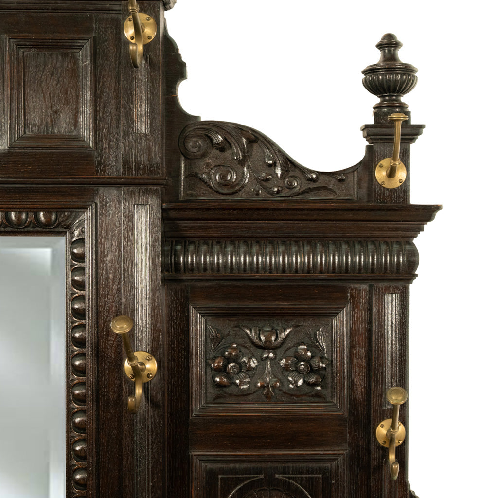 Antique Monumental Renaissance Revival Carved Oak Hall Tree Stand Mirror 1890