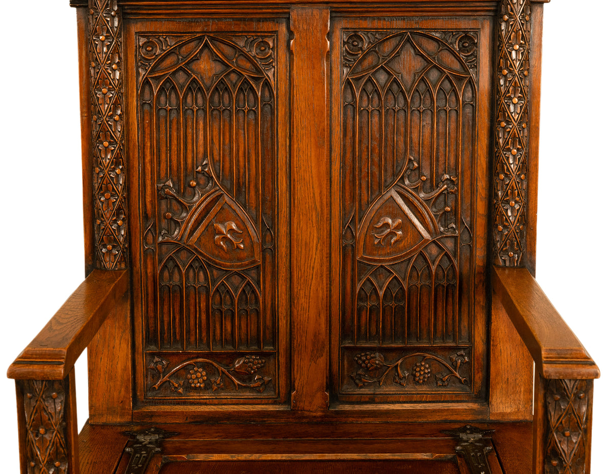 Antique 19thC French Carved Oak Gothic Revival Throne Storage Chair Seat 1880