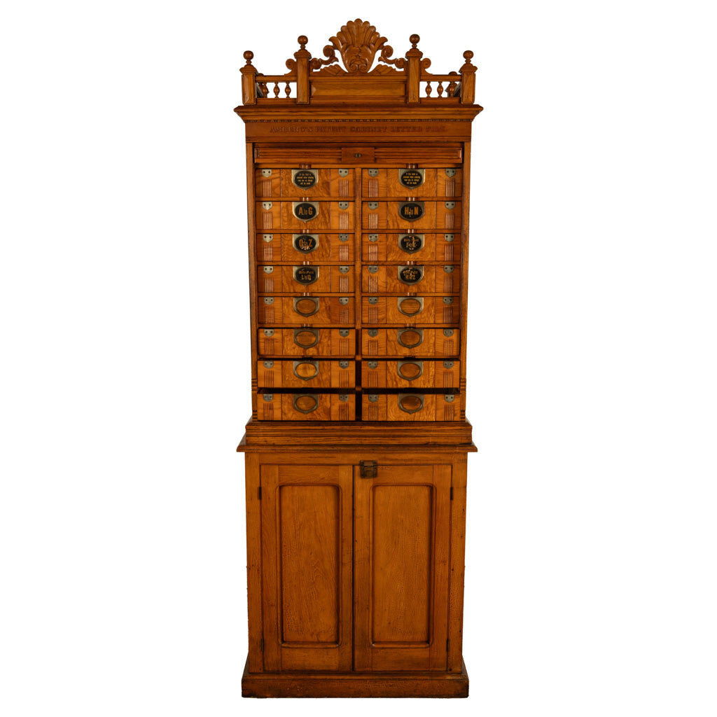 Antique American Carved Oak Victorian Roll Top Letter File Cabinet Amberg Co, 1883