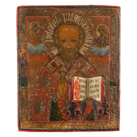 Antique 19thC Russian Orthodox Egg Tempera Painted Icon St Nicholas of Myra 1820
