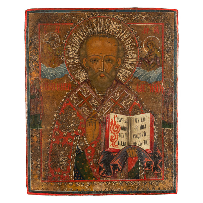 Antique 19thC Russian Orthodox Egg Tempera Painted Icon St Nicholas of Myra 1820