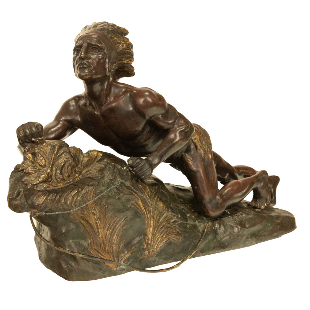 Antique French Art Deco Bronze Sculpture Native American Indian Hunter Scout by René-André Varnier, Circa 1920