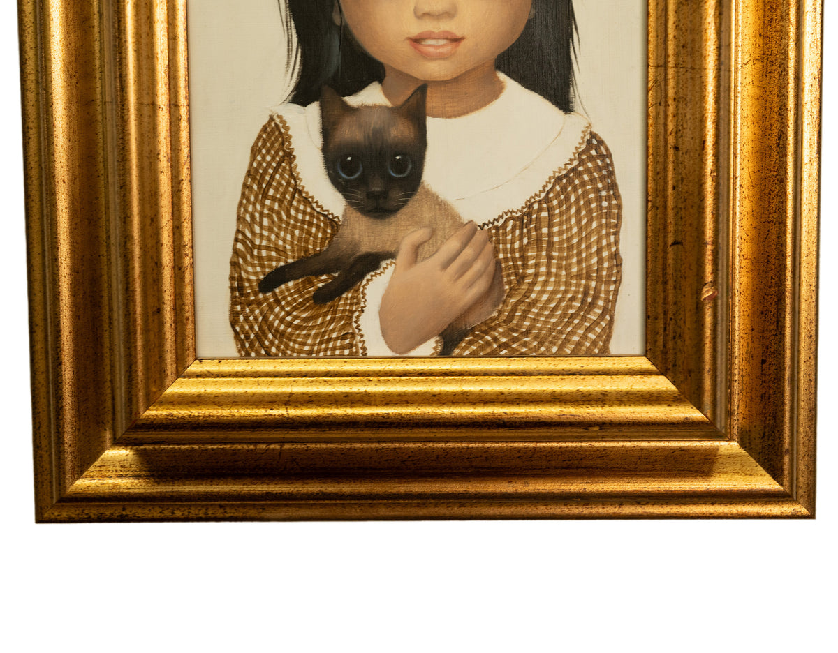 Authentic Oil Painting on Panel "Big Eyes" Beautiful Young Girl with Siamese Cat by Margaret Keane, 1980
