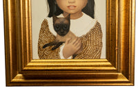 Authentic Oil Painting on Panel "Big Eyes" Beautiful Young Girl with Siamese Cat by Margaret Keane, 1980
