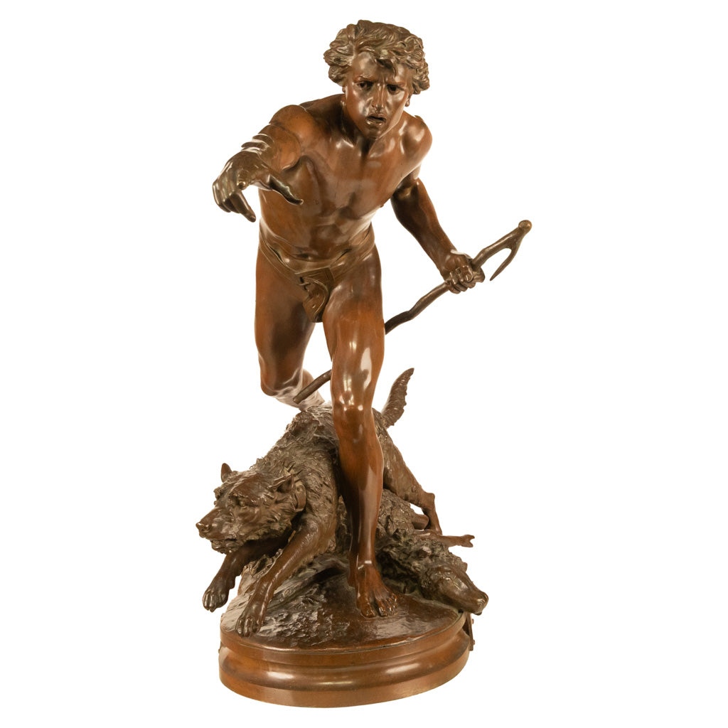 Monumental French Figurative Bronze Statue 'Au Loup' Shepherd Dog Sheep Hunting by Louis-Auguste Hiolin, 1874