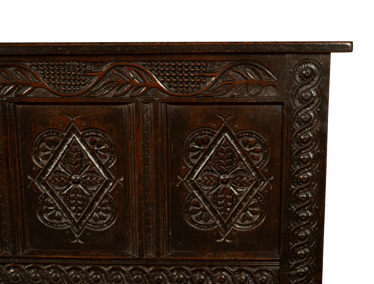 Antique 17th Century Jacobean Charles II Dark Oak Carved Coffer Chest 1680