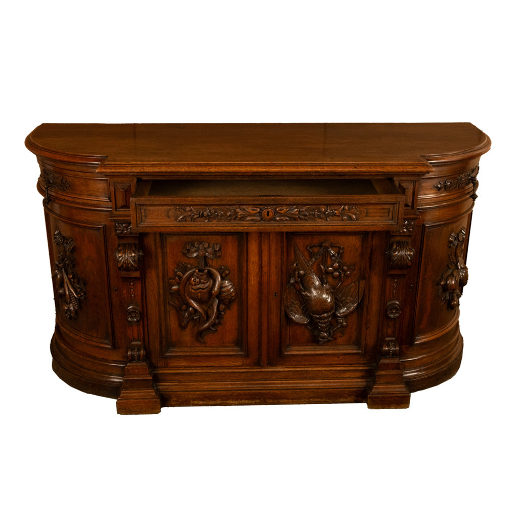 Antique 19thC French Black Forest Carved Oak Hunt Buffet Sideboard Bar 1870
