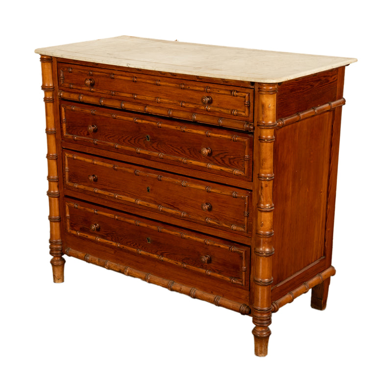 Antique 19th Century French Faux Bamboo Pine White Marble Chest Drawers Commode Circa 1880