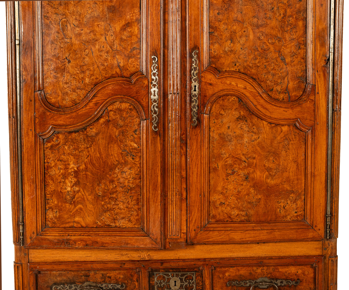 Antique 18th Century Louis XV French Provincial Burl Chestnut Walnut Armoire Circa 1790