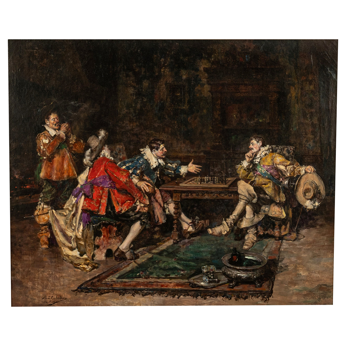 Antique Spanish Oil on Canvas Painting French Cavaliers Playing Chess Paris by Maximo Juderias Caballero  1910