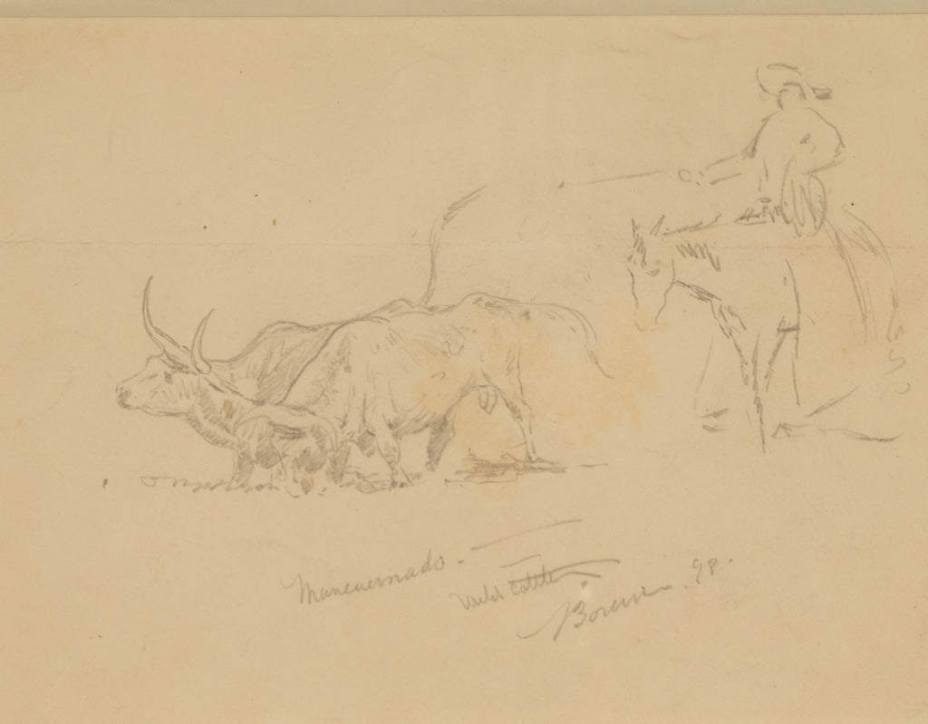Two American Old West Watercolor Painting Ink & Pencil Drawings Cowboy Horses by Edward (John Edward) Borein, 1898