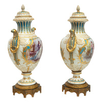 Pair Antique French Sevres Handpainted Gilded Ormolu Porcelain Urns signed 1890