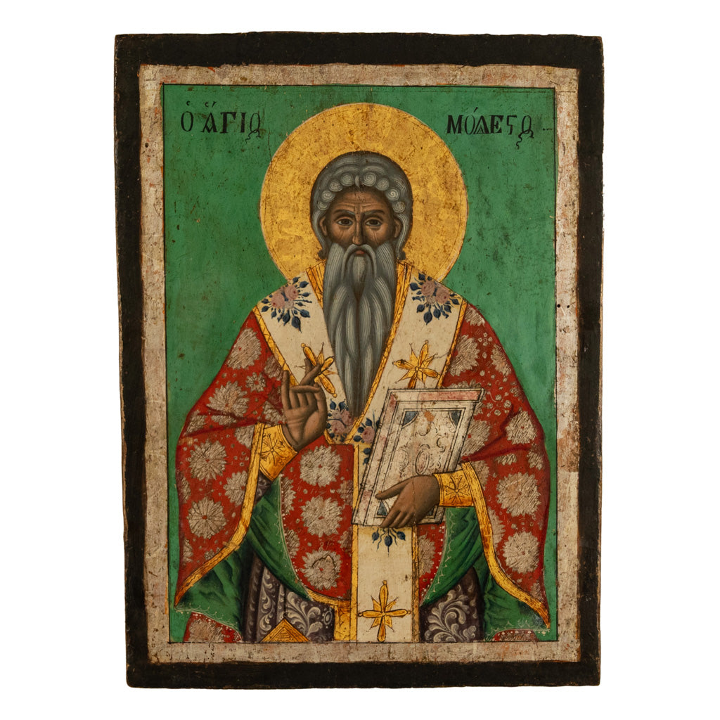 Antique 19th Century Egg Tempera Gilded Greek Orthodox Icon Saint Modestus 1800