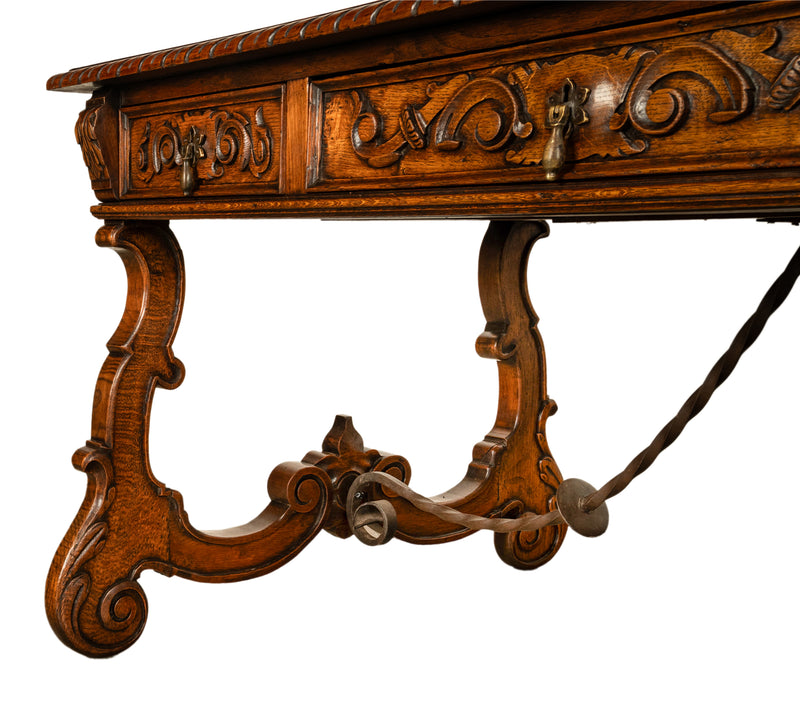 Antique Spanish Carved Walnut Baroque Partners Desk Writing Trestle Table 1880