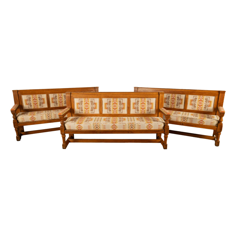 Antique 19th Century French Oak Bench Pew Pendleton Chief Joseph Fabric 1880