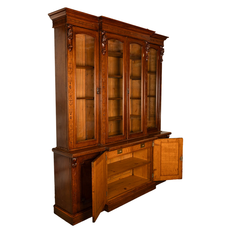 Antique Monumental Irish Carved Oak Breakfront Bookcase Library Bibliotheque circa 1860