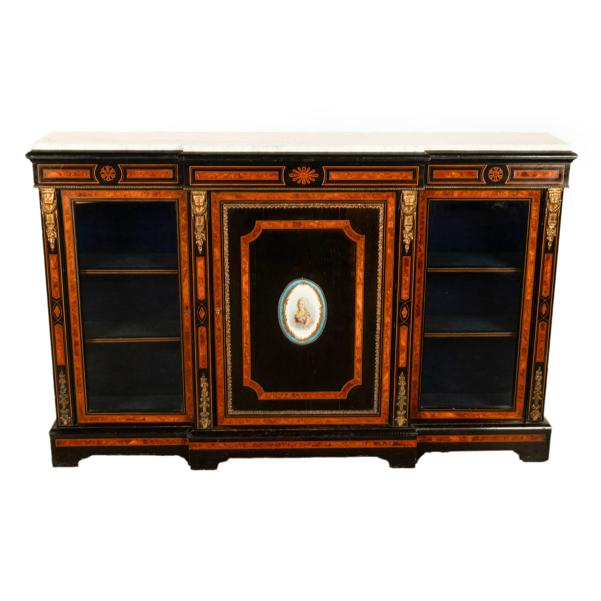 Antique French Napoleon III Ebony Ormolu Marble Sevres Porcelain Inlaid Credenza Cabinet 1860