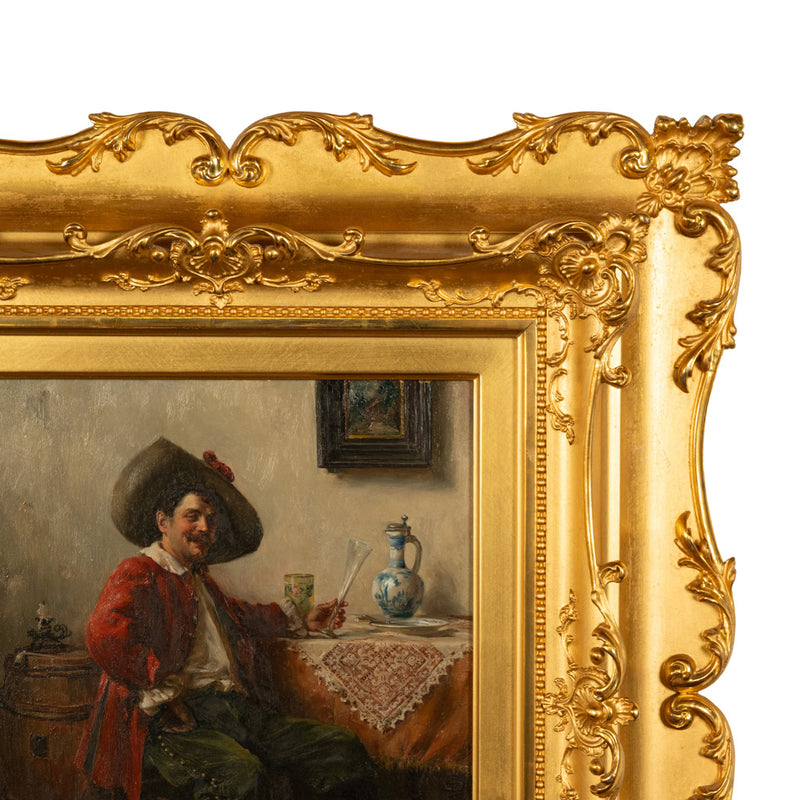 Antique German Genre Oil Painting Portrait Cavalier Drinking Wine by Albert Friedrich Schroder, 1899