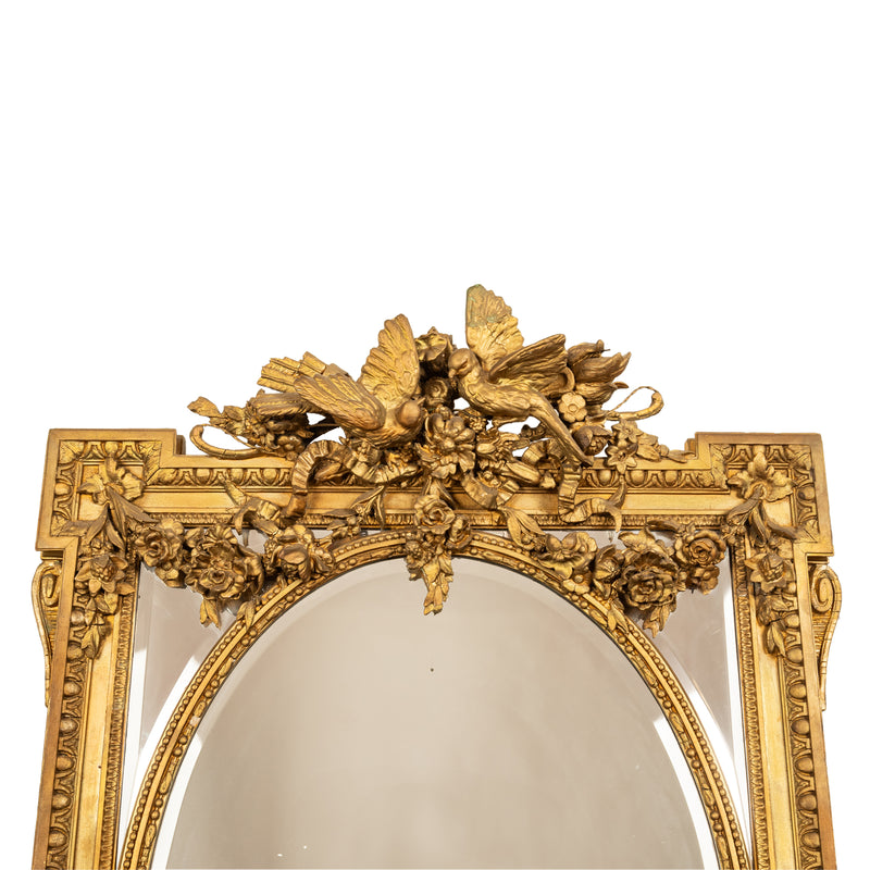 Large Antique French Louis XVI Giltwood Gilt Composition Mirror Lovebirds 1870