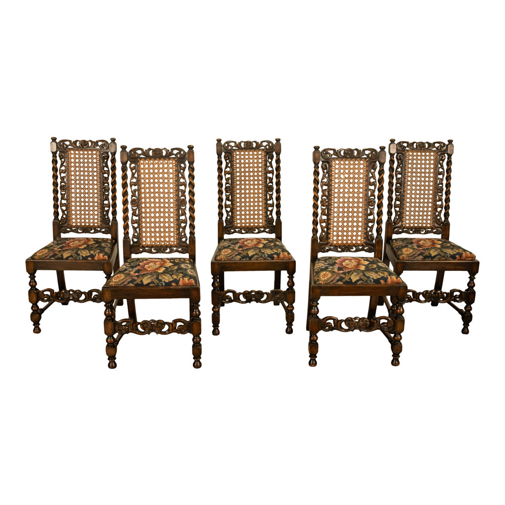 Antique 19thC Set 6 Carved Caned Jacobean Barley Twist Walnut Dining Chairs 1870