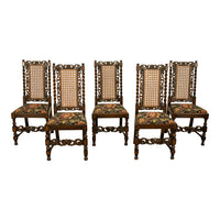 Antique 19thC Set 6 Carved Caned Jacobean Barley Twist Walnut Dining Chairs 1870