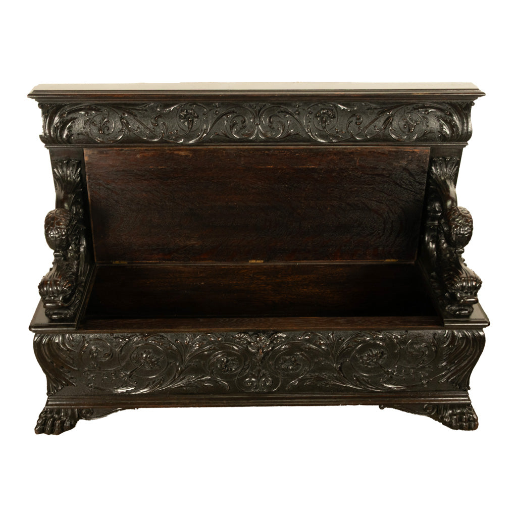 Antique Italian Renaissance Revival Carved Walnut Hall Bench Chest Dolphins 1870