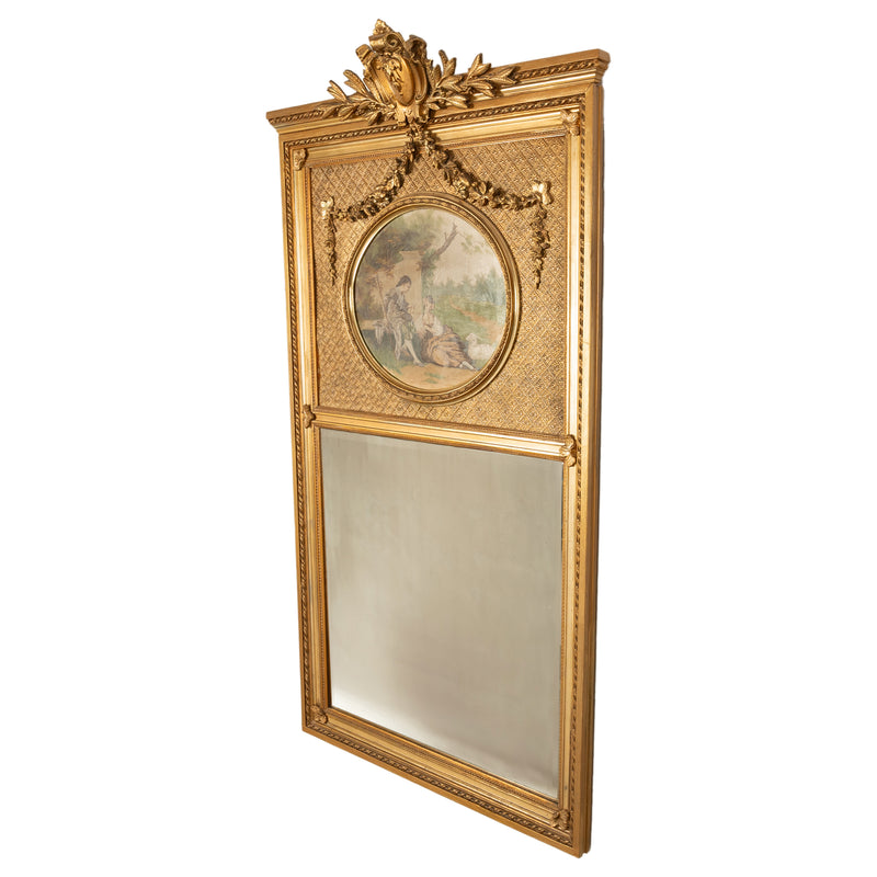 Large 6ft+ Antique Louis XV French Gilded Hand-Painted Trumeau Wall Mirror 1860