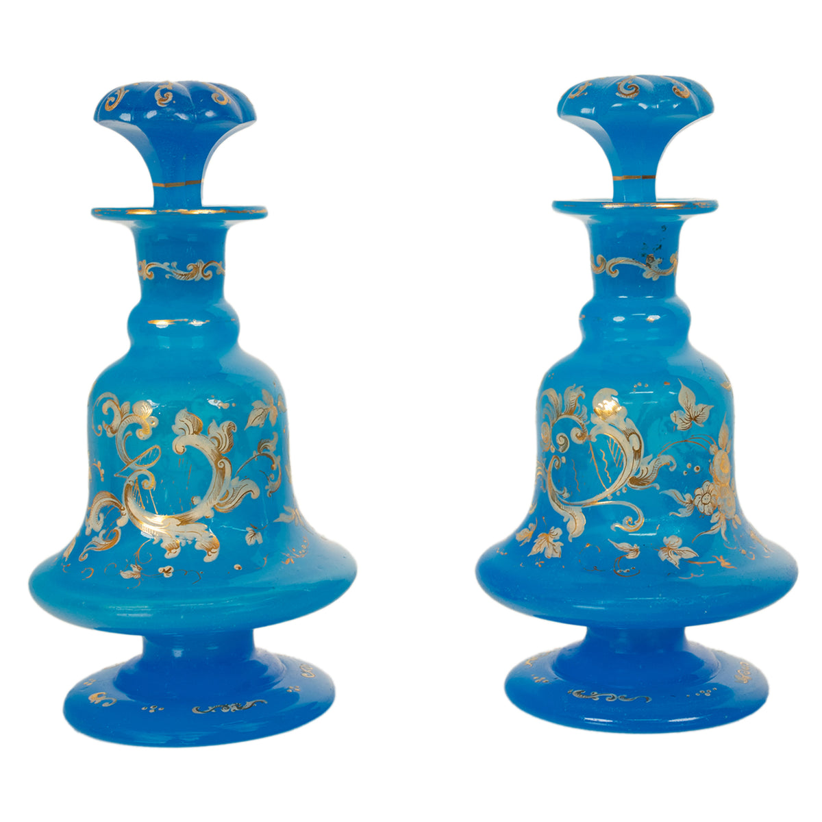 Antique Pair French Blue Opaline Gilded Enamel Glass Perfume Bottles Flacon 1850