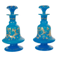 Antique Pair French Blue Opaline Gilded Enamel Glass Perfume Bottles Flacon 1850