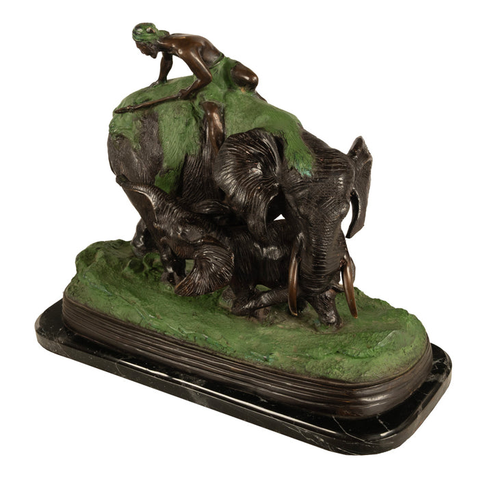 Antique Cast Bronze Elephant Hunt Scene with Lion Antonio Amorgasti Belgium 1925