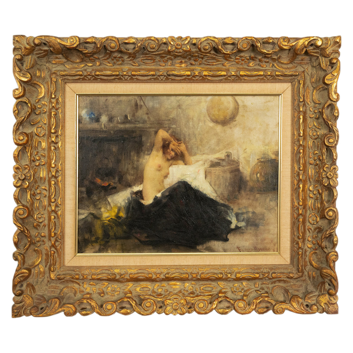 Antique Italian Realism Verismo Oil on Canvas Painting Female Nude Ex-Christie's by Antonio Mancini, 1890