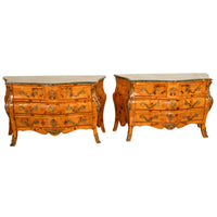 Pair 19th Century Antique Italian Burlwood Bombe Commodes Chests Ormolu & Green Marble 1890