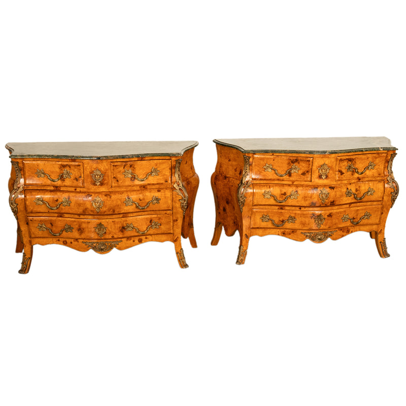 Pair 19th Century Antique Italian Burlwood Bombe Commodes Chests Ormolu & Green Marble 1890