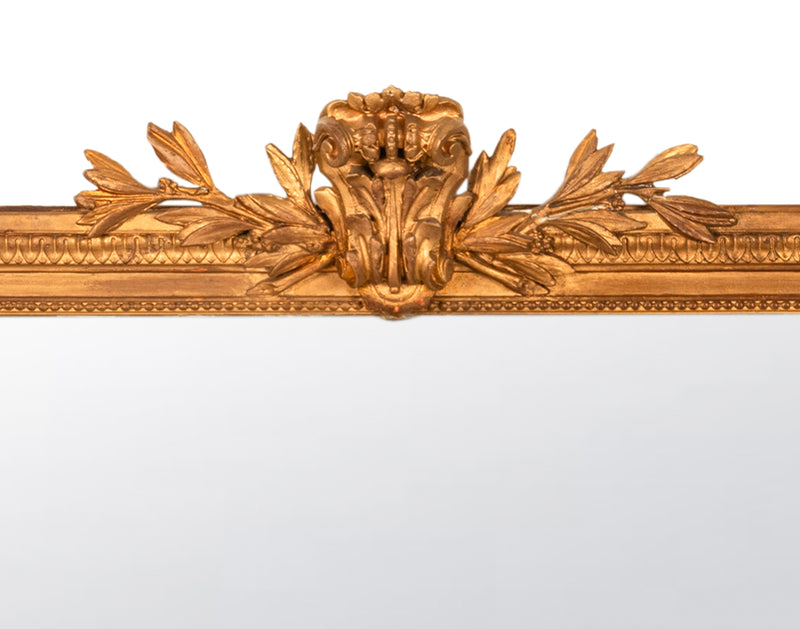 Large Antique 19th Century French Louis XVI Giltwood Crested Wall Mirror 1850