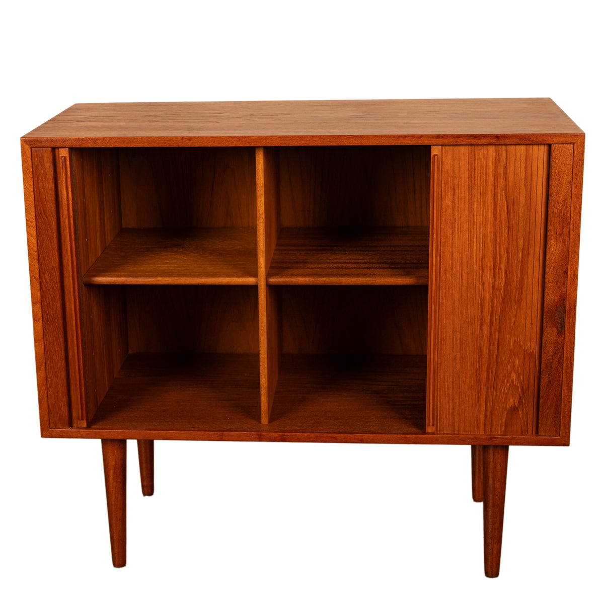 Danish Mid Century Modern Tambor Roll Front Teak Credenza Cabinet Kai Kristiansen Feldballes Møbelfabrik 1960