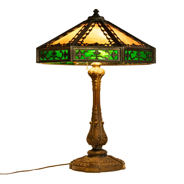 Antique American Arts & Crafts 3 Light Slag Glass Table Lamp by Miller Co. 1910