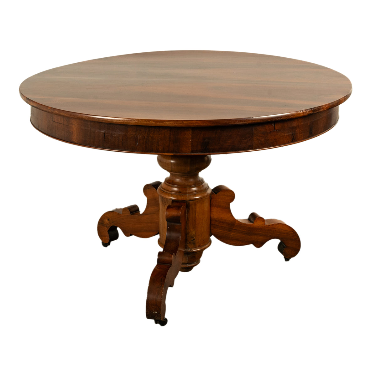 Antique Round Carved French Walnut Pedestal Tripod Dining Center Table 1850