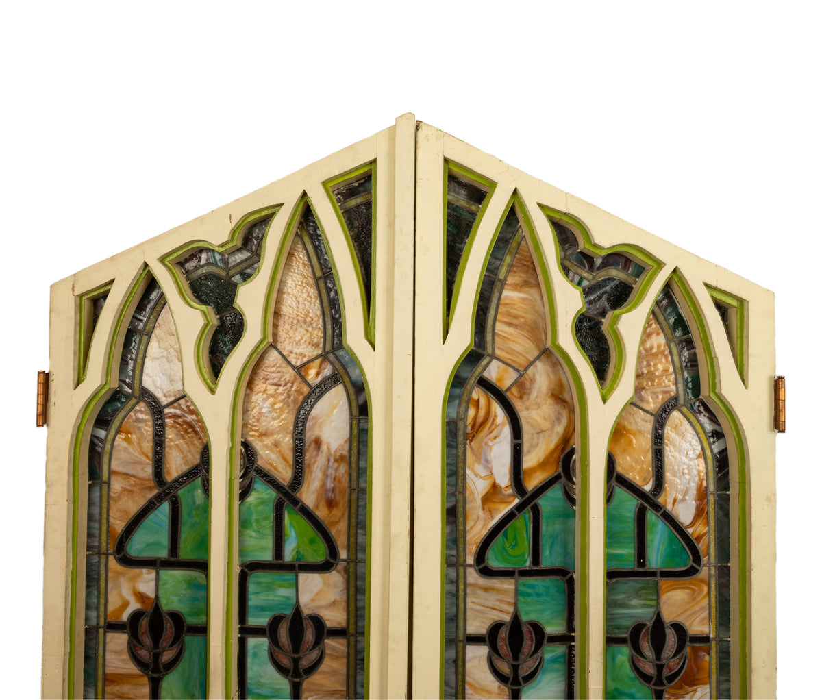 Pair Antique American Stained Glass Gothic Art Nouveau Doors Windows Povey Bros Circa 1900