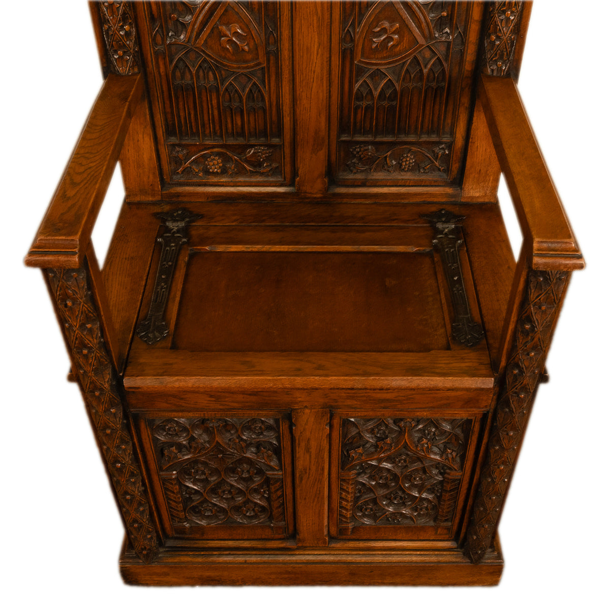 Antique 19thC French Carved Oak Gothic Revival Throne Storage Chair Seat 1880
