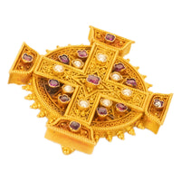 Antique Italian Etruscan Revival 22k Gold Brooch Rubies & Pearls Marchesini 1870