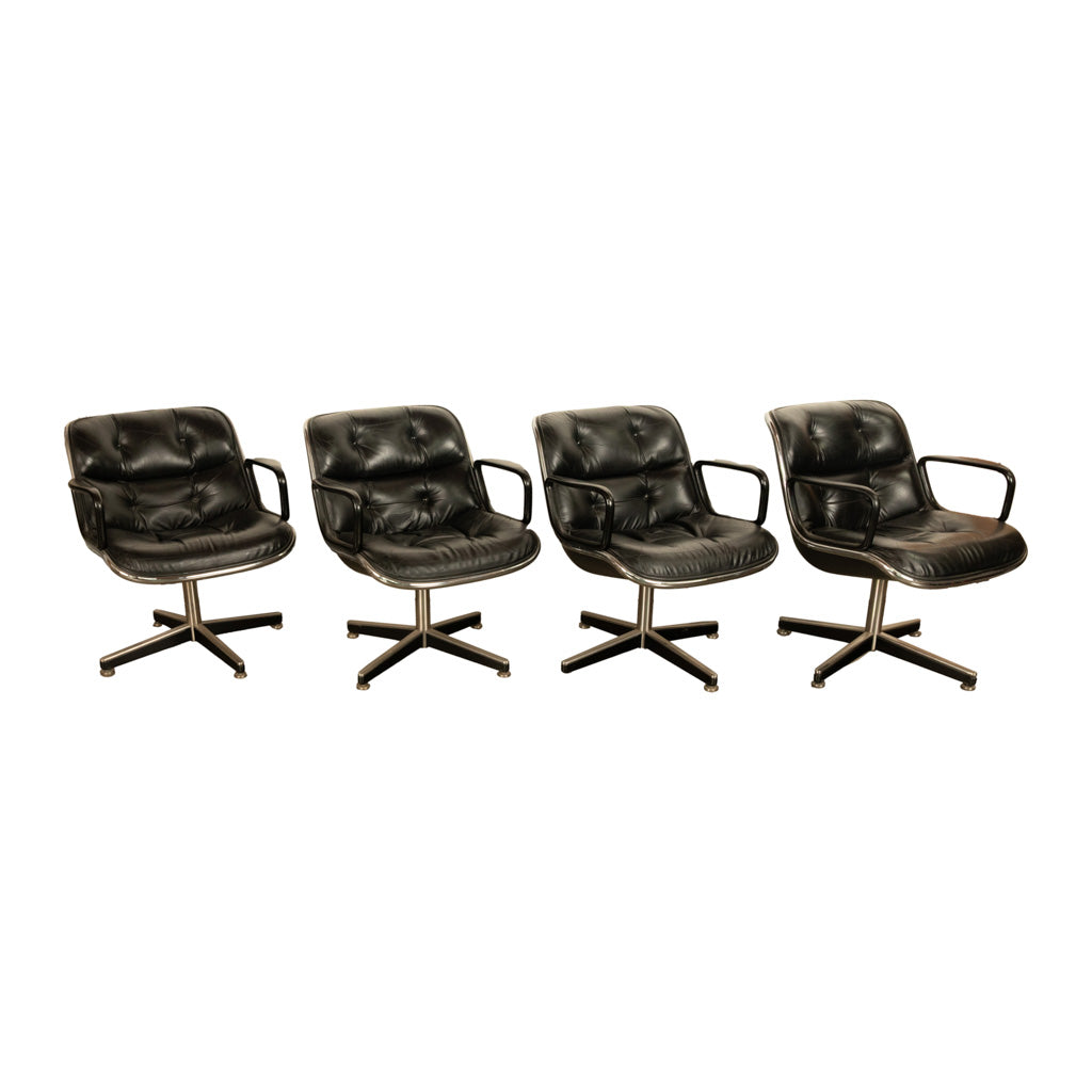 Set of 4 Mid Century Modern Charles Pollock Knoll Black Leather Executive Chairs, 1963