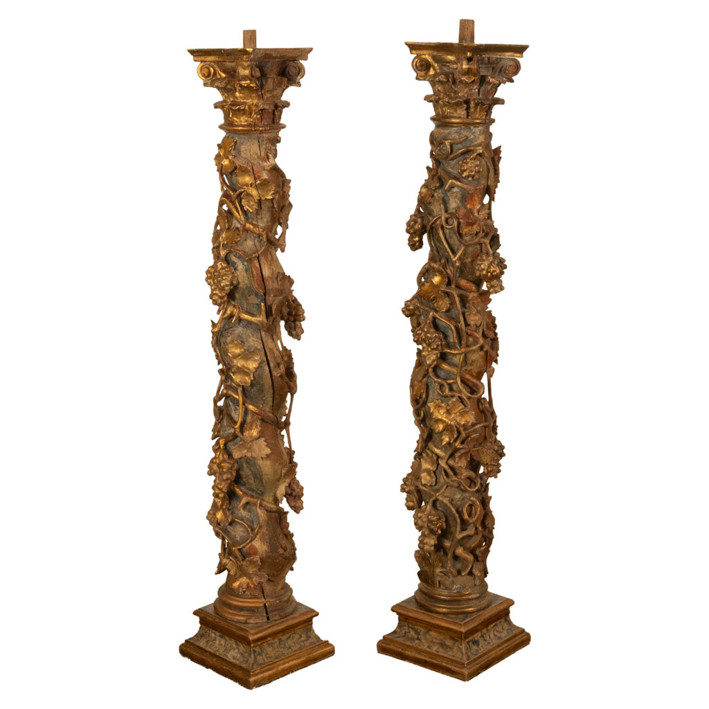Antique Pair 17th Century Baroque Carved & Gilded Solomonic Columns Italy 1680