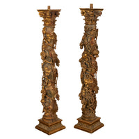 Antique Pair 17th Century Baroque Carved & Gilded Solomonic Columns Italy 1680